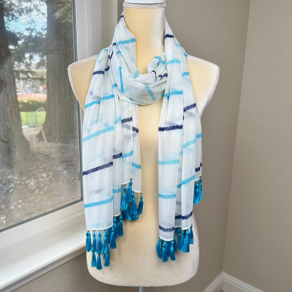 White House Black Market Scarf White Blue Stripe Lightweight Gauzy Tassel Fringe